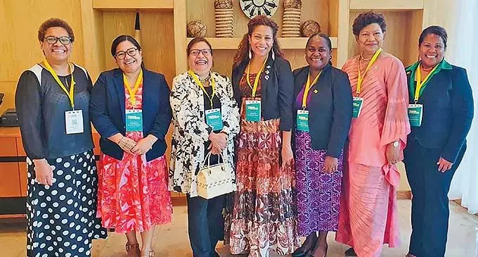Principal Strategic Lead – Pacific Women Mereseini Rakuita (left), Minister for Women, Children and Social Protection Lynda Tabuya (fourth from left), Permanent Secretary Eseta Nadakuitavuki with Pacific women repre- sentatives to the Women Deliver 2023 conference in Rwanda, Africa on July 17, 2023.