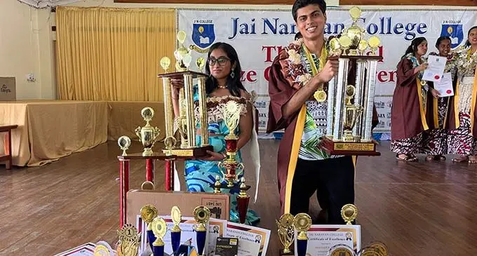 Jai Narayan College duxes Indeevar Nair (right) and Demira Lal.