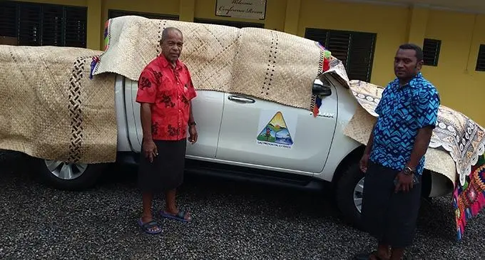   The Roko Tui Lau Maikeli Waqatabu (right) and Jeremaia Bogi (left) with the new Lau Provincial Council vehicle. Photo: Maika Bolatiki