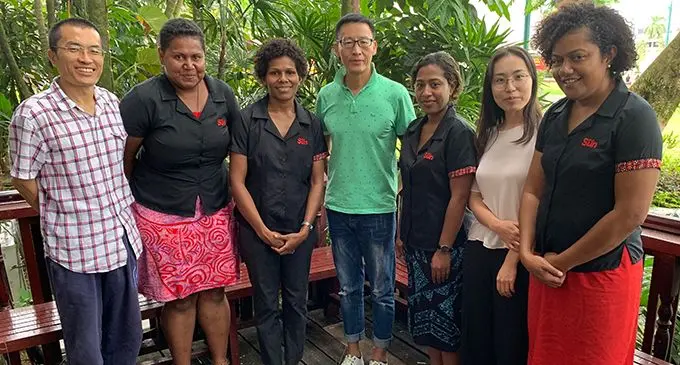 From left: Chinese Embassy’s First Secretary Lianjia Gao, Fiji Sun’s Managing Editor Business Maraia Vula, Fiji Sun’s Deputy Managing Editor Business Lusiana Tuimaisala, Chinese Embassy’s Political Division Director in Fiji Li Jiabing, Fiji Sun senior journalist Fonua Talei, Chinese Embassy’s Third Secretary Chen Chen and Fiji Sun Managing Editor Digital Rosi Doviverata in Suva on February 14, 2019.   