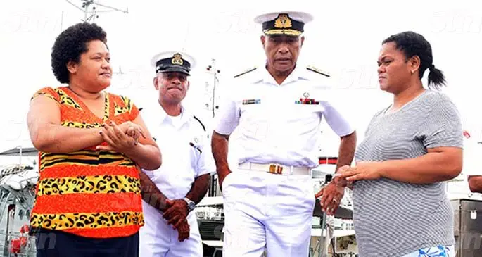 Lute Tubuna (left) and Liliana Gade (right), with Republic of Fiji Military Forces Commander, Rear Admiral Viliame Naupoto (third from left) in Suva on May 19, 2020. Photo: Ronald Kumar