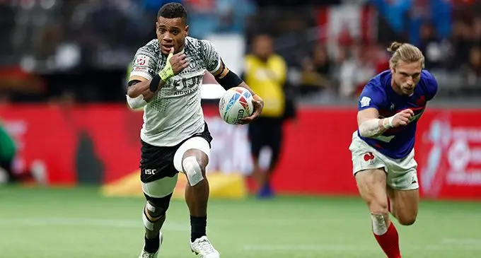 Fiji's Napolioni Bolaca races away from the France defense for a try on day one of the HSBC Canada Sevens 2020 at BC Place Stadium on 7 March, 2020 in Vancouver, Canada. Photo credit: Mike Lee - KLC fotos for World Rugby