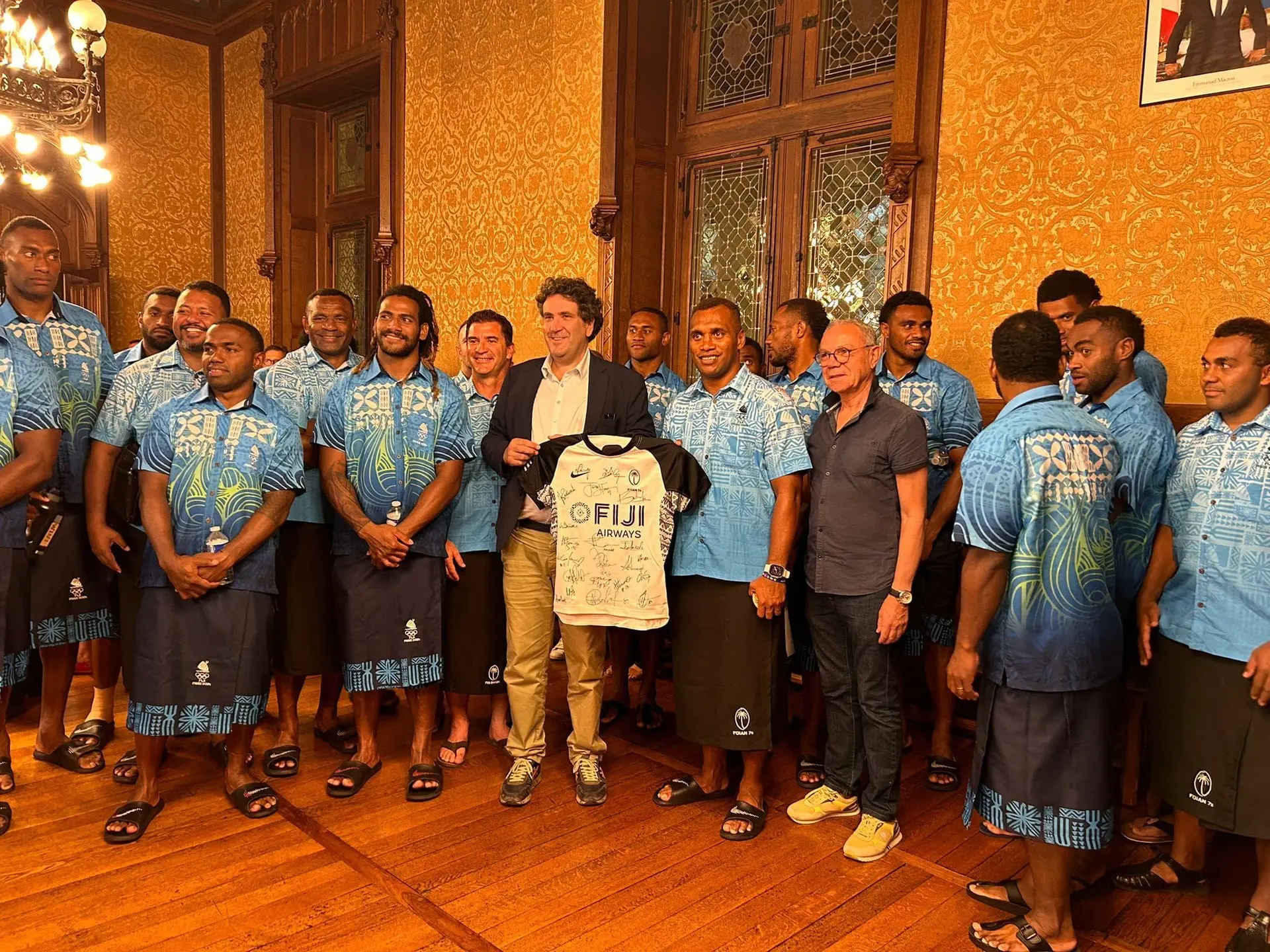 Team Fiji men’s rugby sevens team is officially welcomed at their training base for the Paris Olympic Games by the Mayor of Libourne, Philippe Buisson, in France on July 10, 2024. The two-time Olympic Games gold medal winners will be there when the pool competition gets underway on June 24. Photo: Supplied.       
