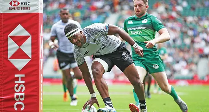 Fiji's Vilimoni Botitu runs in a try against Ireland on day two of the HSBC World Rugby Sevens Series at Twickenham Stadium in London on 26 May, 2019. Photo credit: Mike Lee - KLC fotos for World Rugby