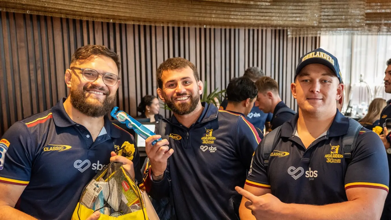 All Blacks and Highlanders props Angus Ta’avao (left) and Ethan de Groot (right) with Jacob Ratumaitavuki-Kneepkens in Christchurch, New Zealand, on August 25, 2026. Photo: Highlanders