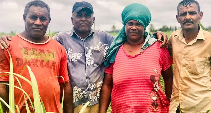 Madan Sen (second from left) with labourers from the village in the Nubu district outside Labasa. Photo:Fiji Sugar Corporation