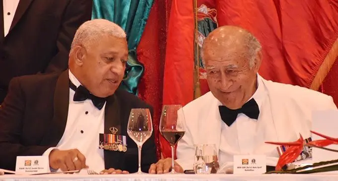 Prime Minister Voreqe Bainimarama with Speaker of Parliament Ratu Epeli Nailatikau during the Infantry Day formal dinner at the Grand Pacific Hotel.  Photo: RFMF Media Cell