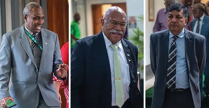 From left: A-G Siromi Turaga, Prime Minister Sitiveni Rabuka and Minister for Sugar Charan Jeath Singh. Photos: Leon Lord