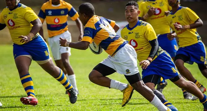 Action from Suva Grammar School and Ratu Kadavulevu School Under-14 semifinal at Prince Charles Park, Nadi. The match ended 13-13 but RKS was awarded the game for scoring the first try as per tournament rule. Photo: Leon Lord  