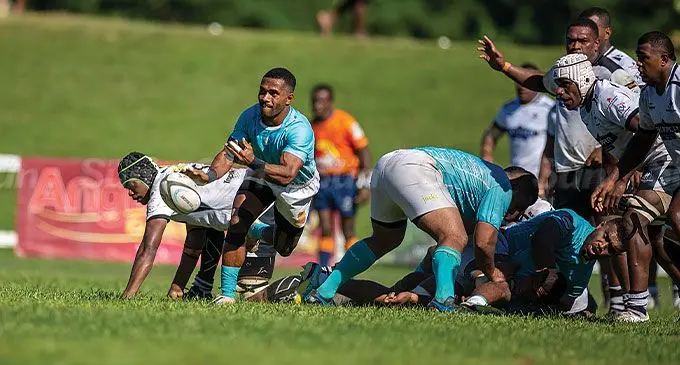 Suva halfback Terio Tamani passes the ball against Nadroga in their Skipper Cup match at Lawaqa Park, Sigatoka, on April 13, 2024. Photo: Leon Lord