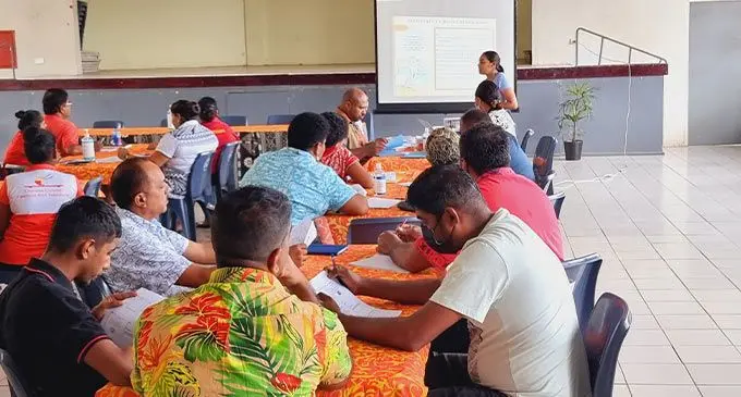 Ministry of Health and Medical Services’ health inspector, Archal Chand (standing), going through the Food Safety Regulations guideline 2009 with the 32  restaurant operators during the General Hygiene Practice (GHP) training at the Civic Centre building in Labasa on July 27, 2022. Photo: Sampras Anand