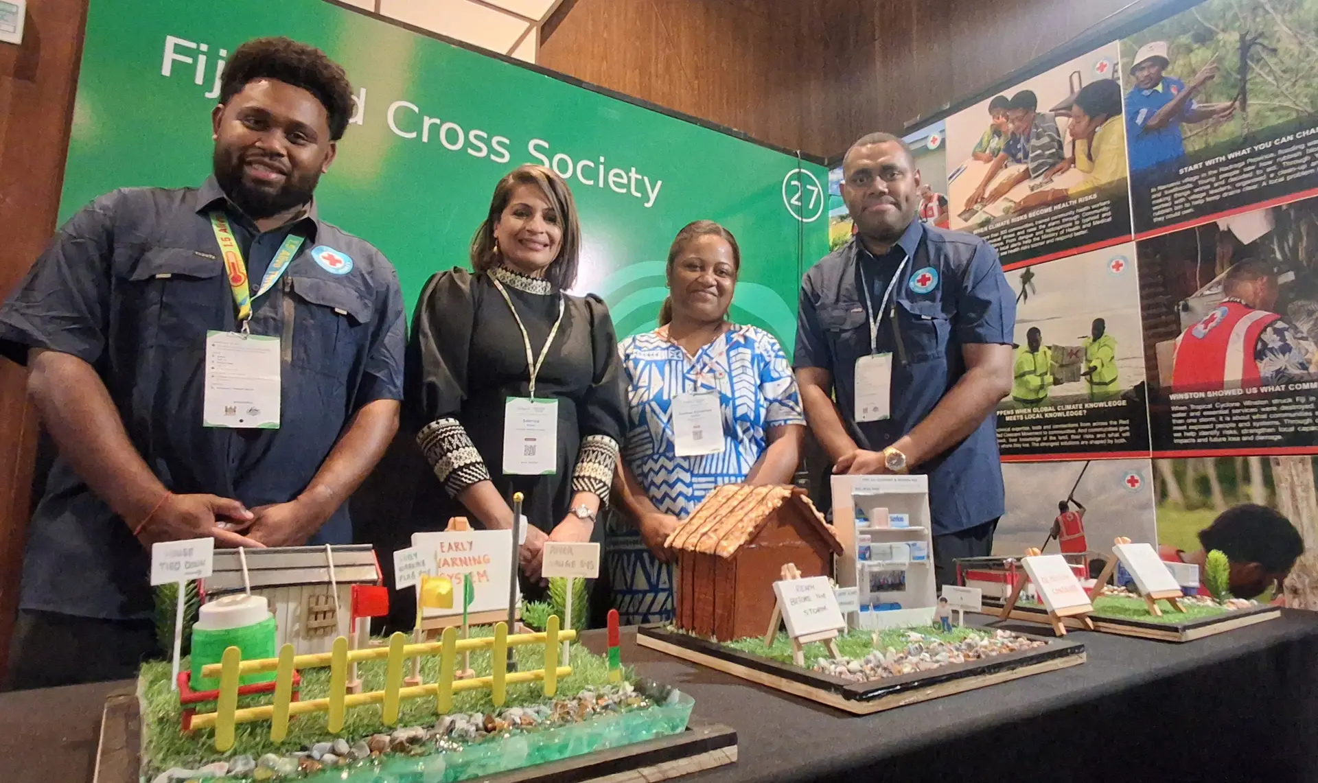 Red Cross staff Livai Movelufu, Fiji Rural Women’s Empowerment Network founder Sabrina Khan, Seini Railala, Rusiate Bhura at the Red Cross Booth at Crowne Plaza Hotel Nadi Bay. Photo: Waisea Nasokia.
