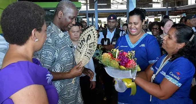 Minister for Women, Children, Poverty and Alleviation Mereseini Vuniwaqa (left) with the President of the 74th Session of the United Nations General Assembly, Dr Tijiani Muhammad-Bande tours the Suva Market on March 6, 2020. Photo: Ilaijia Ravuwai