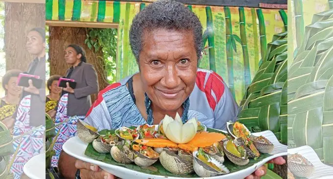  Nate Wasawasa of Veikau Lodge with traitional food display during traditional food exhibition at Nawaqabena Village in Naitasiri on October 20, 2023.  Photo: Ronald Kumar