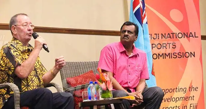 From left: Fiji National Sports Commission executive chairman Peter Mazey and Minister for Youth and Sports Parveen Bala during the Fiji National Sports Commission annual conference at the Grand Pacific Hotel in Suva on March 7, 2020. Photo: Kelera Sovasiga