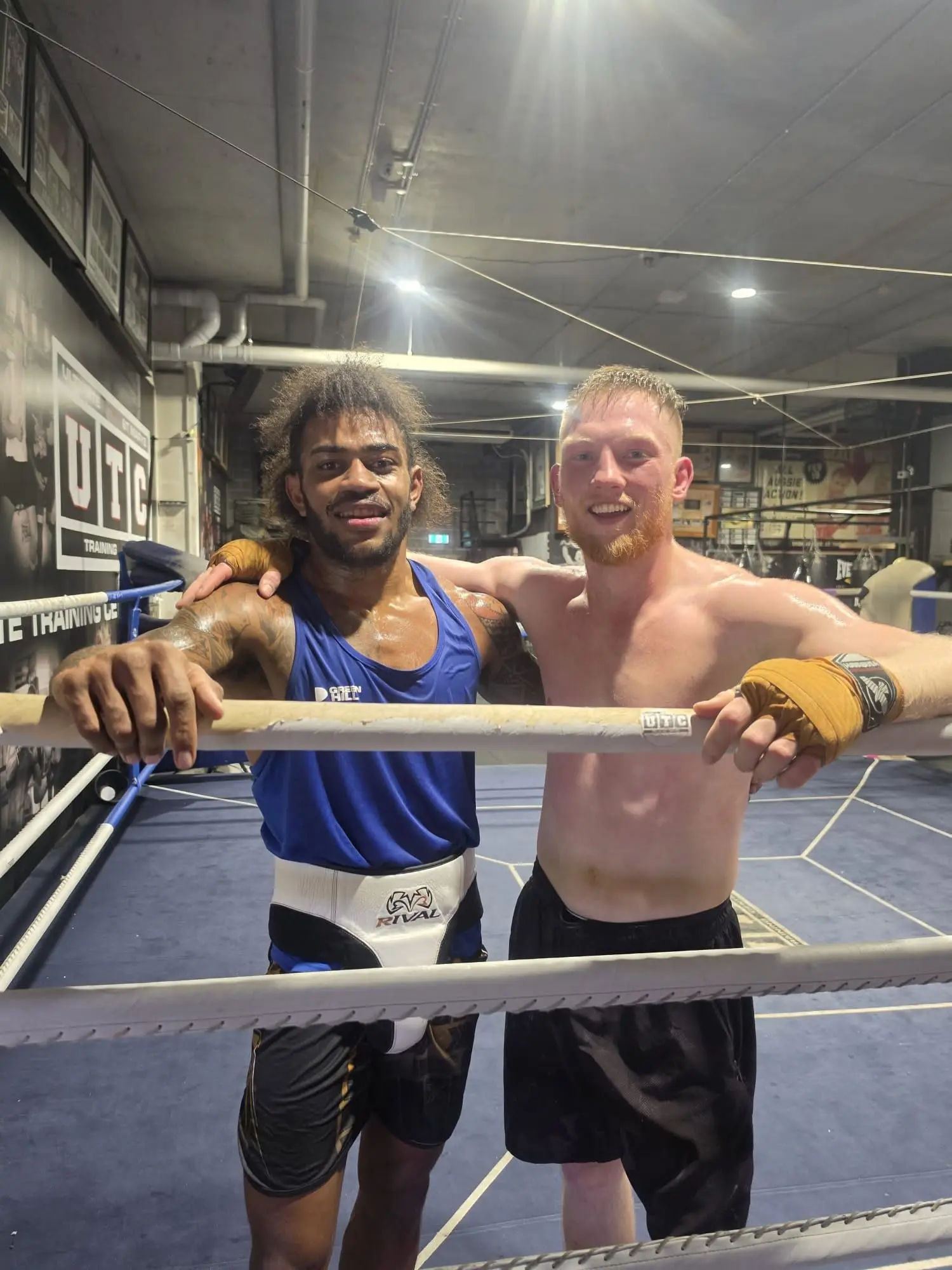 Mikaele Ravalaca with sparring partner Alexander Devyatov after their training session in Melbourne, Australia, on August 22, 2026. Photo: Supplied 