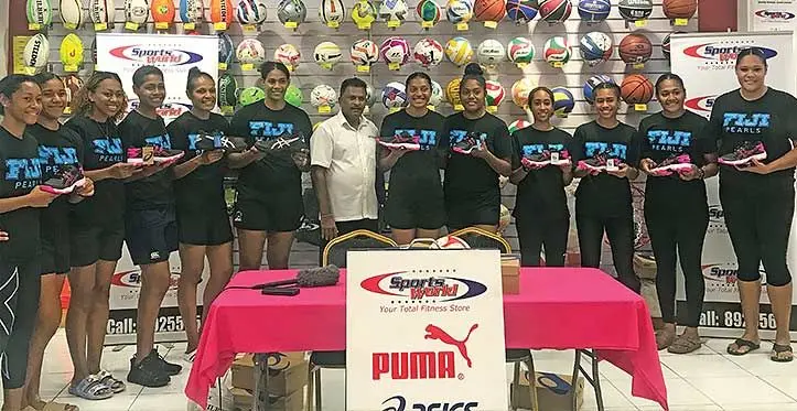 Members of the Fijian Pearls team after the presentation of their court shoes at the SportsWorld outlet in Suva on July 13, 2023. From left: Anaseini Nauqe, Elina Drikibau, Unaisi Rauluni, Maliana Rusivakula, Vakaoca Bolakoro, Kelera Nawai, SportsWorld general manager Vinod Kumar, Josephine Tabua, Kalesi Tawake, Ana Moi, Jimaima Kete, Maria Rusivakula and Lydia Panapasa. Photo: Sereana Salalo