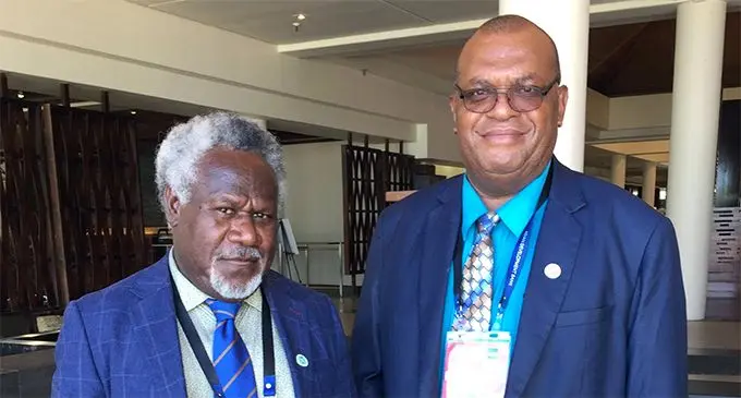 Governor of the Reserve Bank of Vanuatu Simeon Athy (left) and Vanuatu Governor for ADB Board and Minister for Finance Gaetan Pikioune at Sheraton Resort Denarau on May 1, 2019. Photo: Lusiana Tuimaisala.