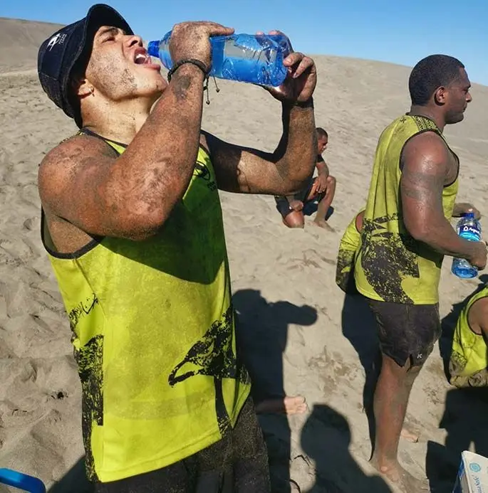 Fijian Latui first five eight Caleb Muntz takes a drink during their training session at the Sigatoka sand dunes in Kulukulu, Nadroga on February 21, 2020. Photo: FRU Media