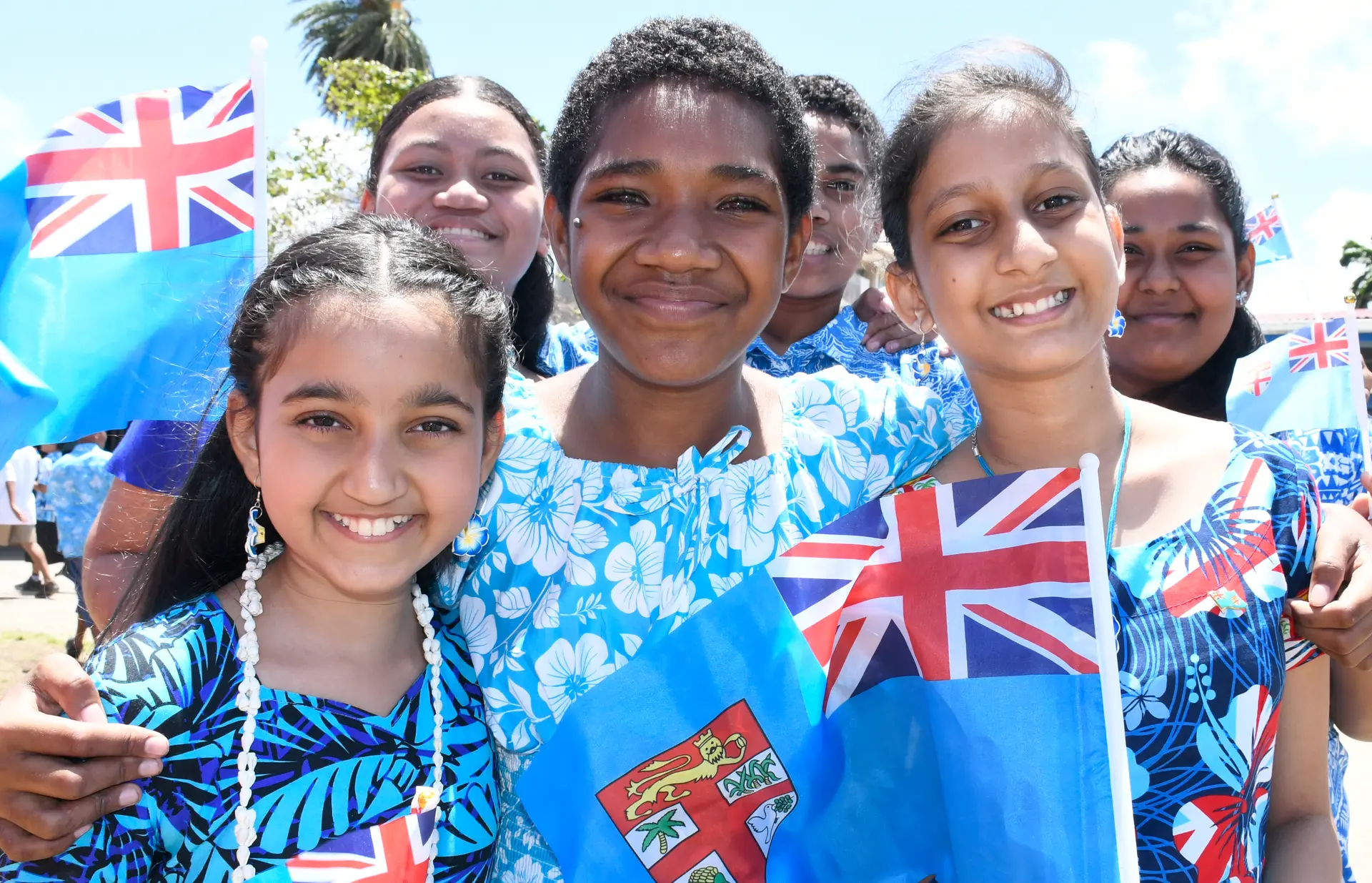 Students of Holy Trinity Primary School in Flagstaff, Suva, celebrate Fiji Day in their blue colours at the school  on October 9, 2026. 