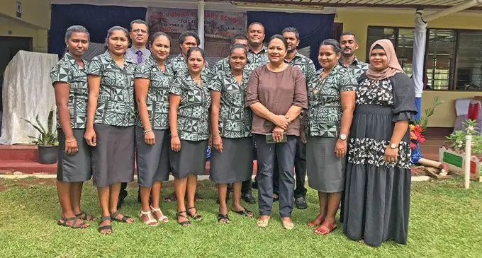 Minister for Education Premila Kumar with the teachers of Vunika Primary School in Labasa on August 5, 2022. Photo: Shratika Naidu