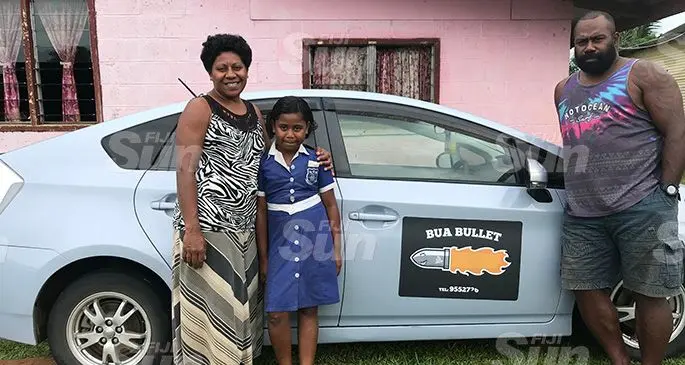 Rupeni Caucaunibuca (right) with his wife Sokoveti Tinai and daughter Elizabeth Zara outside their in the village of Nasau, Lekutu, Bua on October 22,2019. Photo: Laisa Lui