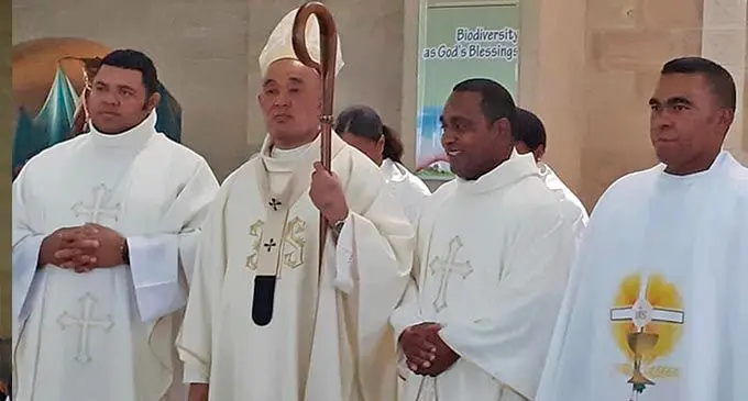 From left: Reverend Father Isikeli Tuilevuka, head of the Catholic Church of Fiji Archbishop Peter Loy Chong, Reverend Father Petero Apenisa and Reverend Father Viliame Baleikoro. Photo: Facebook