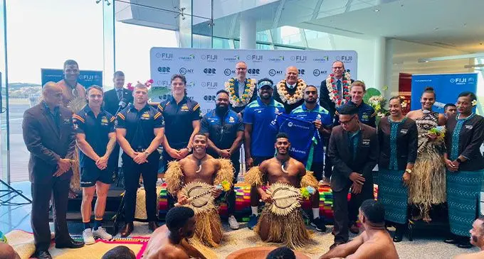 Deputy Prime Minister and Minister for Tourism and Civil Aviation Viliame Gavoka with Australia Capital Territory (ACT) senior officials, Fiji Airways staff, Brumbies Rugby and Fijian Drua officials along with Vou Dance Group members at Canberra Airport, Australia, on April 14, 2023. Photo: Leon Lord