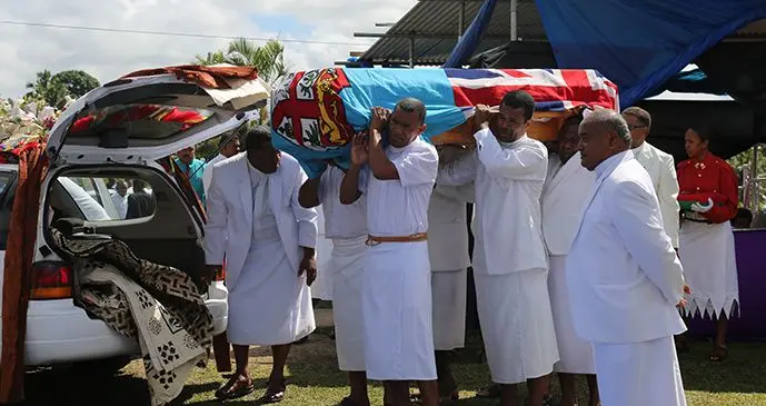 Pallbearers carrying the casket of the late Reverend Laisiasa Ratabacaca at the Nabua Methodist Church on October 1, 2019. Photo: Ilaijia Ravuwai