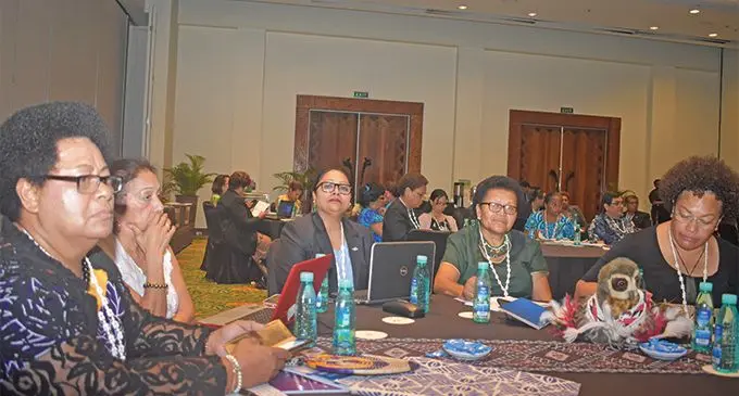 Assistant Minister for iTaukei Affairs Selai Adimaitoga (left), Minister for Industry, Trade, Tourism, Local Government, Housing and Community Development Premila Kumar (third from left) and Opposition Member of Parliament Adi Litia Qionibaravi with participants during the Pacific Women in Power Forum at the Sofitel Fiji Resort and Spa in Denarau, Nadi on March 26, 2019. Photo: Nicolette Chambers