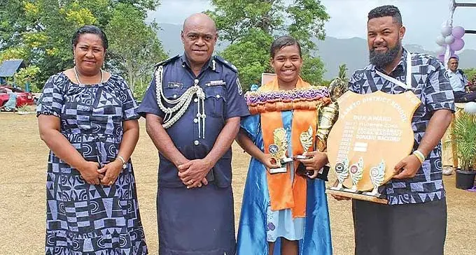 From left: Head teacher Sofia Matai, Chief operations, Assistant Commissioner of Police (ACP) Livai Driu, Sulueti Jacqueline Joy and school teacher Arthur Radrodro at Sabeto District School in Nadi. Photo: Mereleki Nai