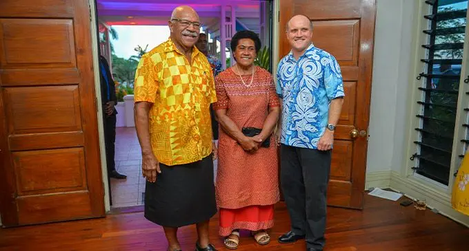 Prime Minister, Sitiveni Rabuka with wife, Sulueti, and Charge D’Affaires, John Williams of the Australian High Commission in Suva on January 27, 2023. Photo: Leon Lord