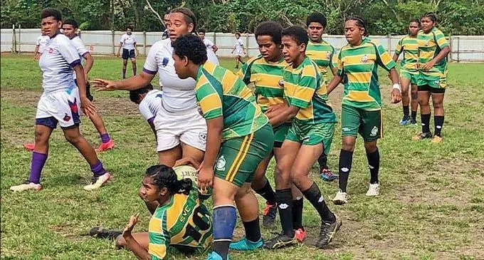 Swami Vivekananda College Under-16 rugby girls take on Sigatoka Methodist College in their zone clash of the Weet-Bix Raluve Trophy Championship on August 13, 2022. The Nadroga Navosa Zone is having their playoff s today to determine the teams that qualify for next weekend’s Western quarterfinals in Nadi. Photo: Moira N.