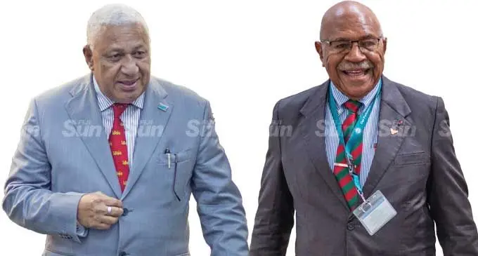 Prime Minister Voreqe Bainimarama. (Left) The People’s Alliance Party leader Sitiveni Rabuka Photo: Leon Lord