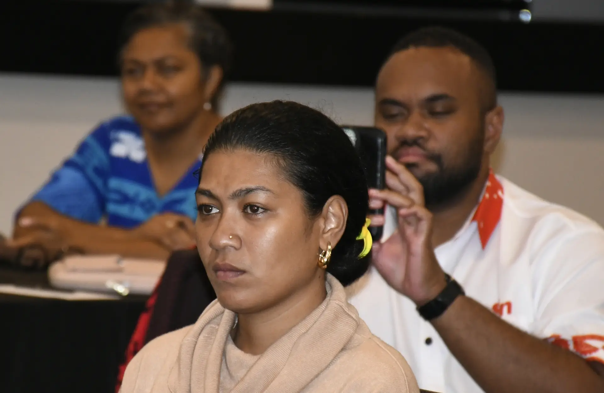 Journalists Temalesi Vono, Inoke Rabonu and Fiji Media Association president Rosi Doviverata (back) during the AAP Journalism in Practise workshop at Novotel Suva Lami Bay.