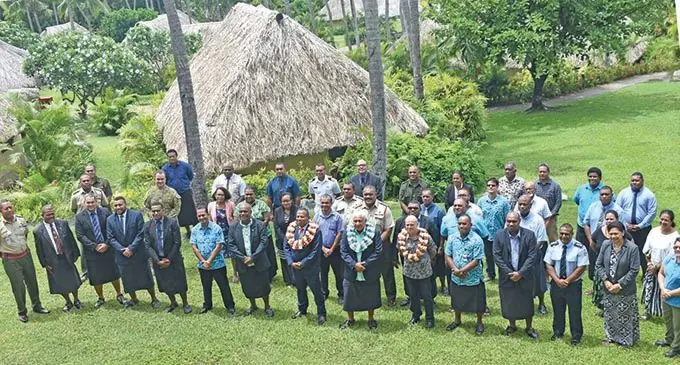 Minister for Defence, National Security and Policing, Inia Seruiratu (front row, eighth from left), Prime Minister Voreqe Bainimarama (ninth from left) and Australian High Commissioner John Feakes (tenth from left) with the delegates of the Climate Induced Security Workshop at the Outrigger Fiji Beach Resort, Coral Coast on November 24, 11, 2020. Photo: Waisea Nasokia