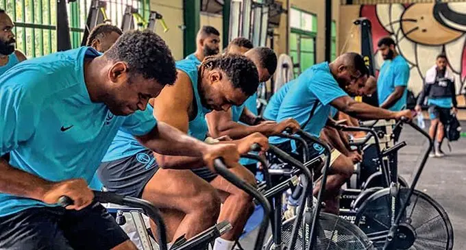 Flying Fijians (left-right) Temo Mayanavanua and Viliame Mata during their gym session in Madrid, Spain, on November 3, 2021. Photo: FRU Media 