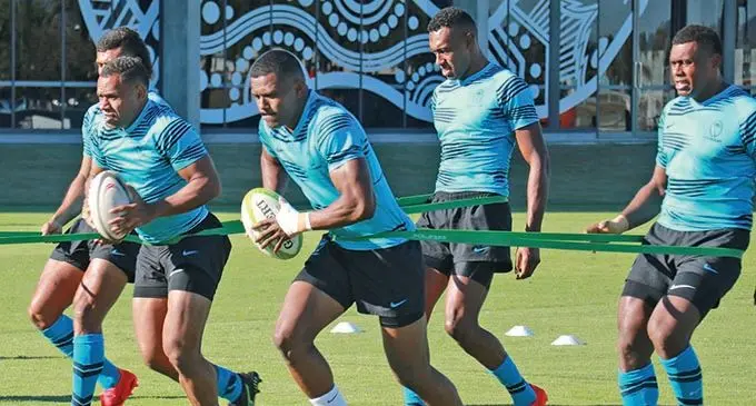 Fijian 7s squad members, Taniela Sadrugu,  Livai Ikanikoda and Jiuta Wainiqolo  lead training in Australia.  Photo: Oceania Rugby 