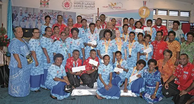 Prime Minister Voreqe Bainimarama with Special Olympics Fiji Medalists following the awarding of recognition certificates to the athletes on April 4, 2019. Photo: Ronald Kumar
