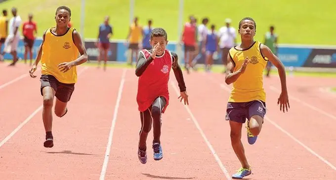 Sakiusa Balio (second from left) wins the Sila Central High School junior boys’ 100 metres final during the interhouse competition at the ANZ Stadium, Suva. on February 26, 2021.Photo: Ronald Kumar.