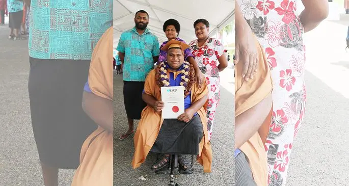 Nothing is impossible ... Antonio Tuvici flanked by his brother Thomas Tuvici (left), proud Mum Ilisapeci Tuvici (middle back) and sister Alisi Ranadi (right) after graduating with a Bachelor of Commerce in Accounting and Management degree. Photo: Kelera Sovasiga