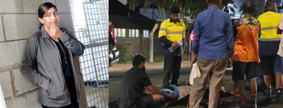 Durga Devika Lal outside the Suva Magistrate Court on February 23, 2026. (Inset: The scene of the accident in December 2025.)