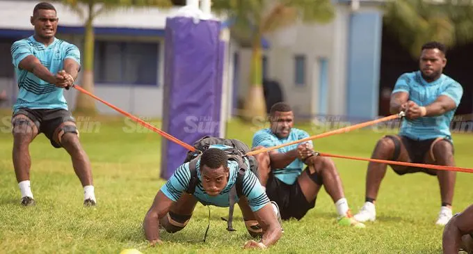 Swire Shipping Fijian Warriors lock Chris Minimbi (right) and teammates training at Bidesi Park on August 30, 2022. Photo: Ronald Kumar