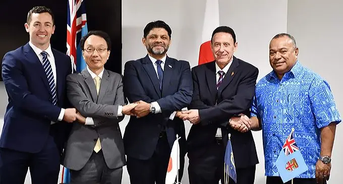 From left: Asian Development Bank regional director for the Pacific Subregional Office in Fiji Aaron Batten, the Japanese Ambassador to Fiji Kawakami Fumihiro, the Attorney-General and Minister for Economy Aiyaz Sayed-Khaiyum, Fiji Airways CEO Andre Viljoen and Airports Fiji Limited CEO Isei Tudreu following the signing of the grant agreement at the Fiji Airways Aviation Academy in Nadi on May 23, 2022. Photo: DEPTFO News