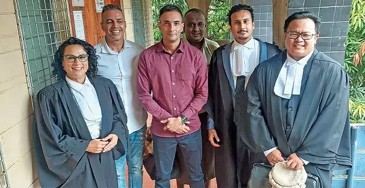 (From left) Adrienne Ali of Interalia Consultancy, Marc Winston, Shaneil Suresh Autar, Mark Anthony and Robert Bancod of Millbrook Hills Law Partners at the High Court in Lautoka on April 17, 2023. Photo: Salote Qalubau
