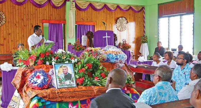 Minister for Employment Parveen Bala (left), speaking at the funeral of former Lautoka City Council chief executive officer Jone Nakauvadra at the Namena Methodist Church in Tailevu on March 31, 2021. Photo: Ministry of Employment