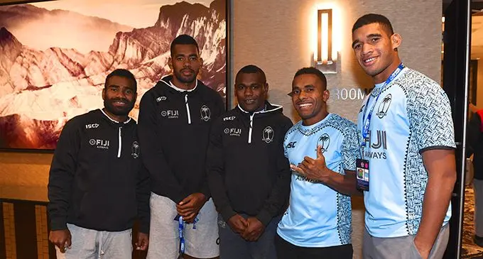 From left: Fiji Airways Fijian 7s players Seremaia Tuwai, Isoa Tabu, Asaeli Tuivoka, Terio Tamani and Meli Derenalagi after dinner at the Luxor Hotel & Casino in Las Vegas Blvd, USA, on February 27, 2019.  Photo: Ian Muir