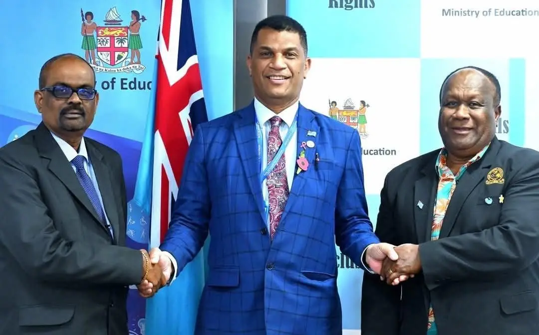 From left: Fiji Teachers Union Muniappa Goundar, Minister for  Education Aseri Radrodro and Fijian Teachers Association Paula aula Manumanutitoga after a meeting last Friday.