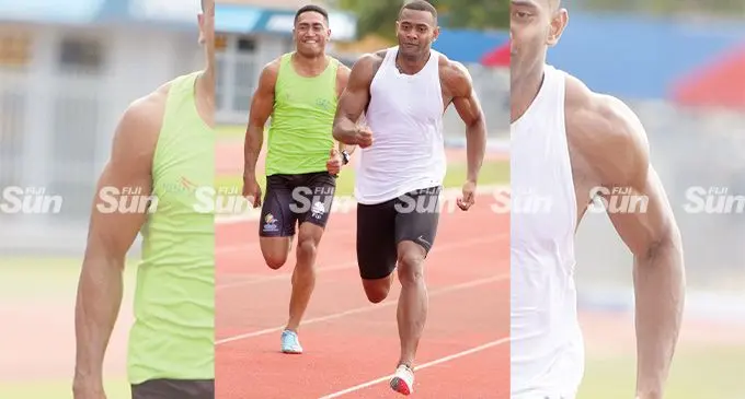 Pacific sprint king Banuve Tabakaucoro (right) wins the 100 metres men's final ahead of Tony Lemeki during the Easter Athletics Championship at the ANZ Stadium, Suva, on April 16, 2022. Photo: Ronald Kumar.