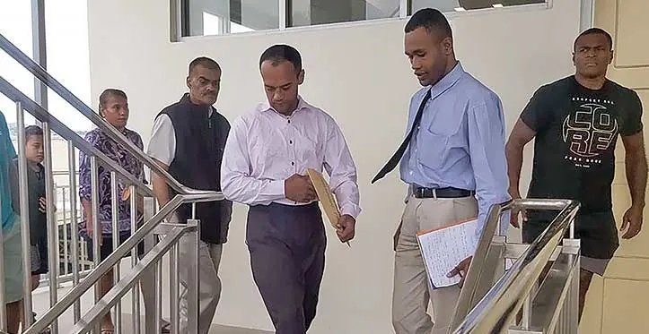 Jone Mataitoga (pink long sleeve shirt) outside the Magistrates Court in Nasinu on July 12, 2023. Photo: Ashna Kumar